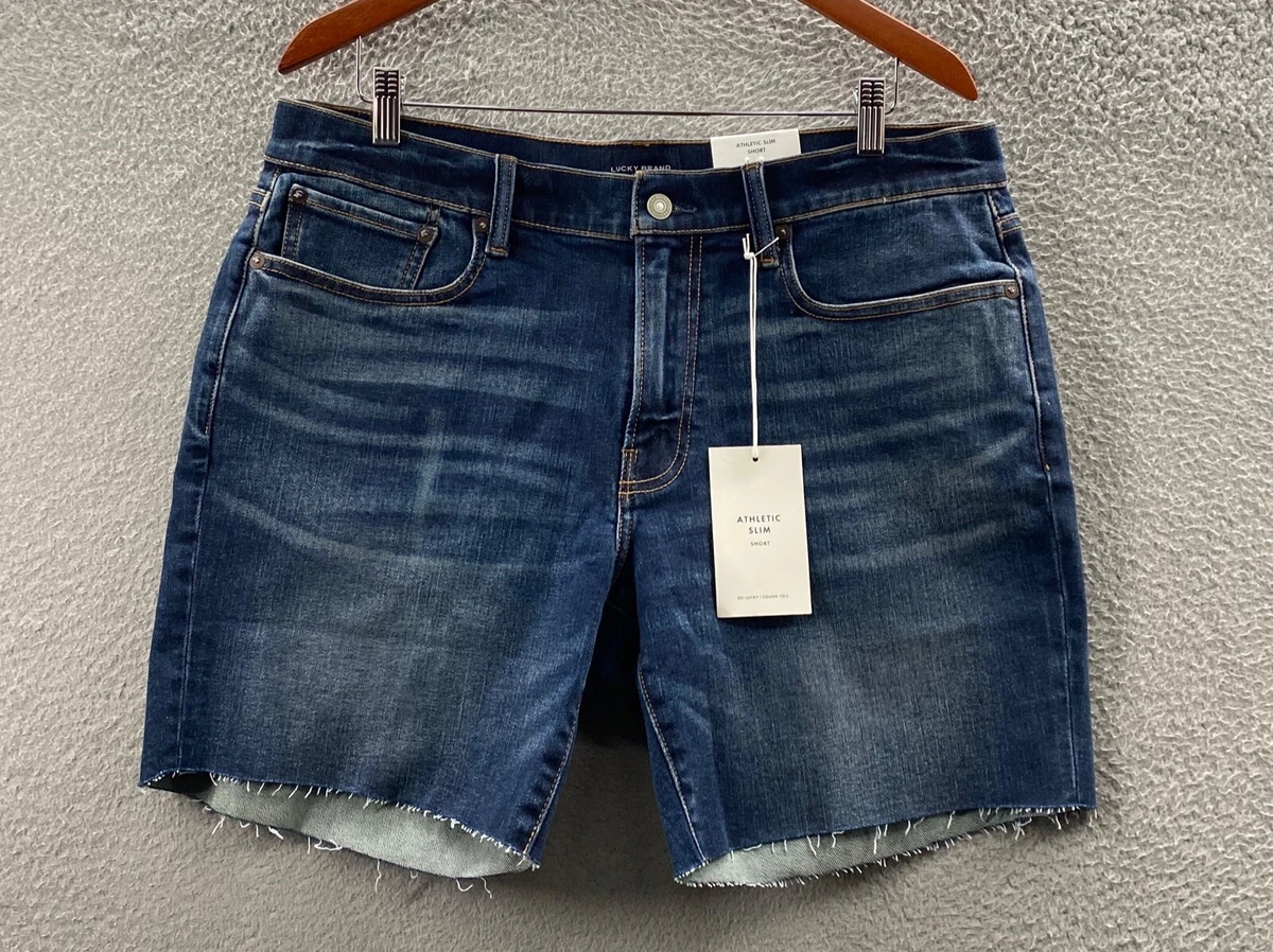 Lucky Brand Jeans Shorts Mens 34 Blue Dark Wash Jorts Distress Stretch 36x7  NEW