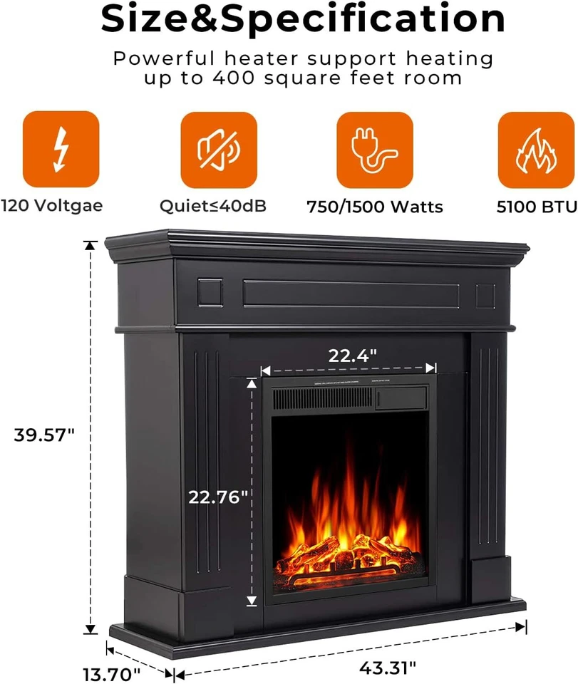 43” Electric Fireplace Mantel Freestanding, Remote , Adjustable Led Flame,Black - Image 4 of 4
