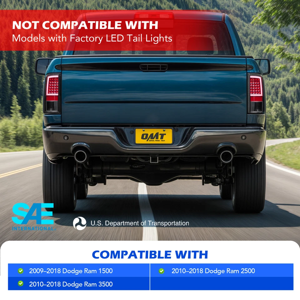 For 09-2018 Dodge Ram 1500 10-18 Ram 2500 3500 Black LED Tube Tail Lights Pair - Image 2 of 4