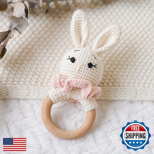 Wooden Baby Rattle Toy - Deluxe Handcrafted Wooden Bunny Rattle and Teether |