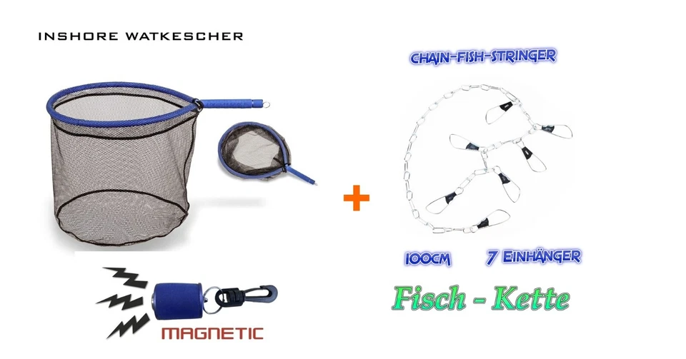 👌 Metall Fischkette 100cm mit 7 Einhänger + Inshore Floating Kescher 👌