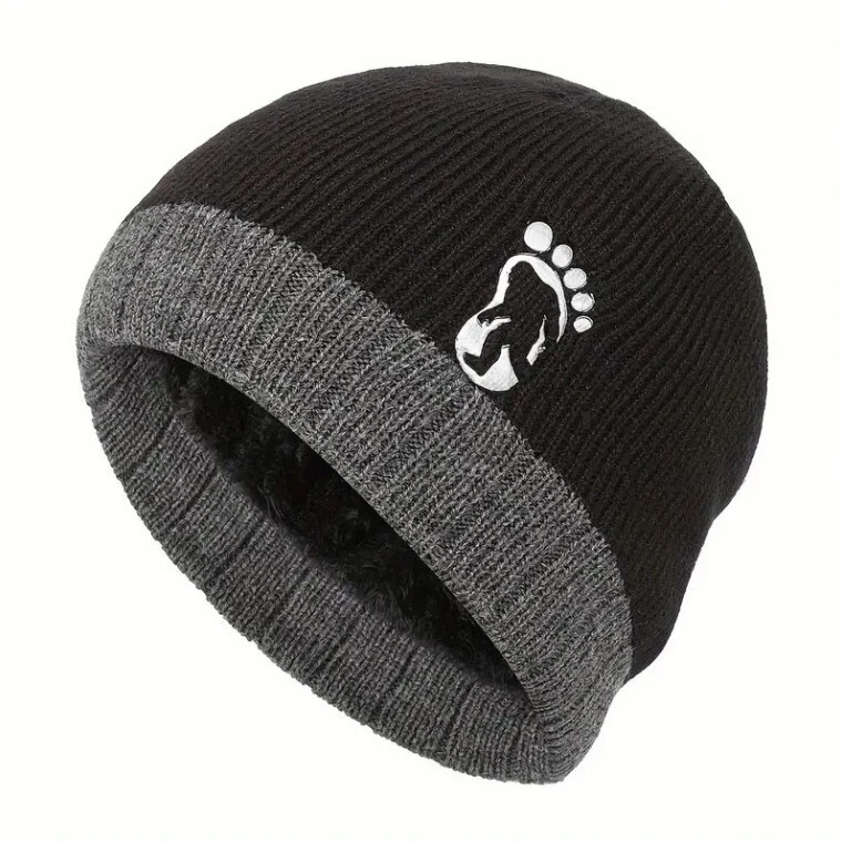 BIGFOOT "footprint" Premium Knit Fleece Lined Beanie Hat, Skull Cap-Black/Gray