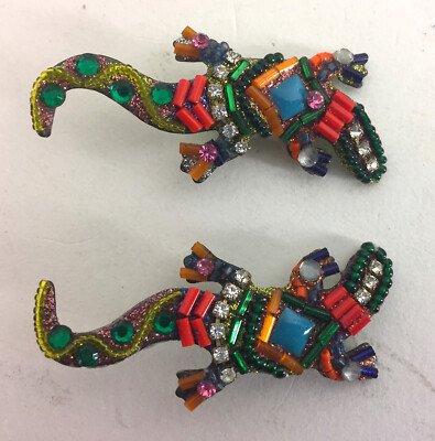 Artisan made Jeweled Bead Clip-on Earrings Enameled Lizards on Copper 3 in. long
