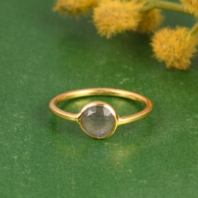 Genuine Natural Labradorite Round Shape Ring Yellow Gold Plated Handmade Jewelry