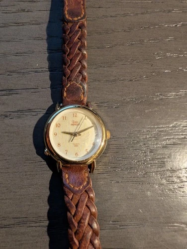 Vintage Timex Indigo Quartz Watch Gold Tone Case Brown Braided Leather Band...