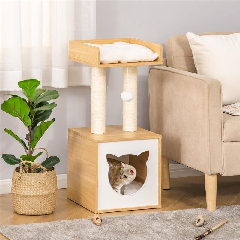 Casetta per gatti con tiragraffi in sisal, cuscini lavabili, 35x35x81cm, quercia foto 2
