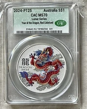 2024 Australia 1 oz Silver Lunar Year of the Dragon Red Colorized CAC MS 70 UNC