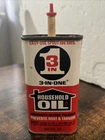 Vintage 3 in 1 Household Oil 3oz Ounce Metal Can Tin,  40% Full Collectible