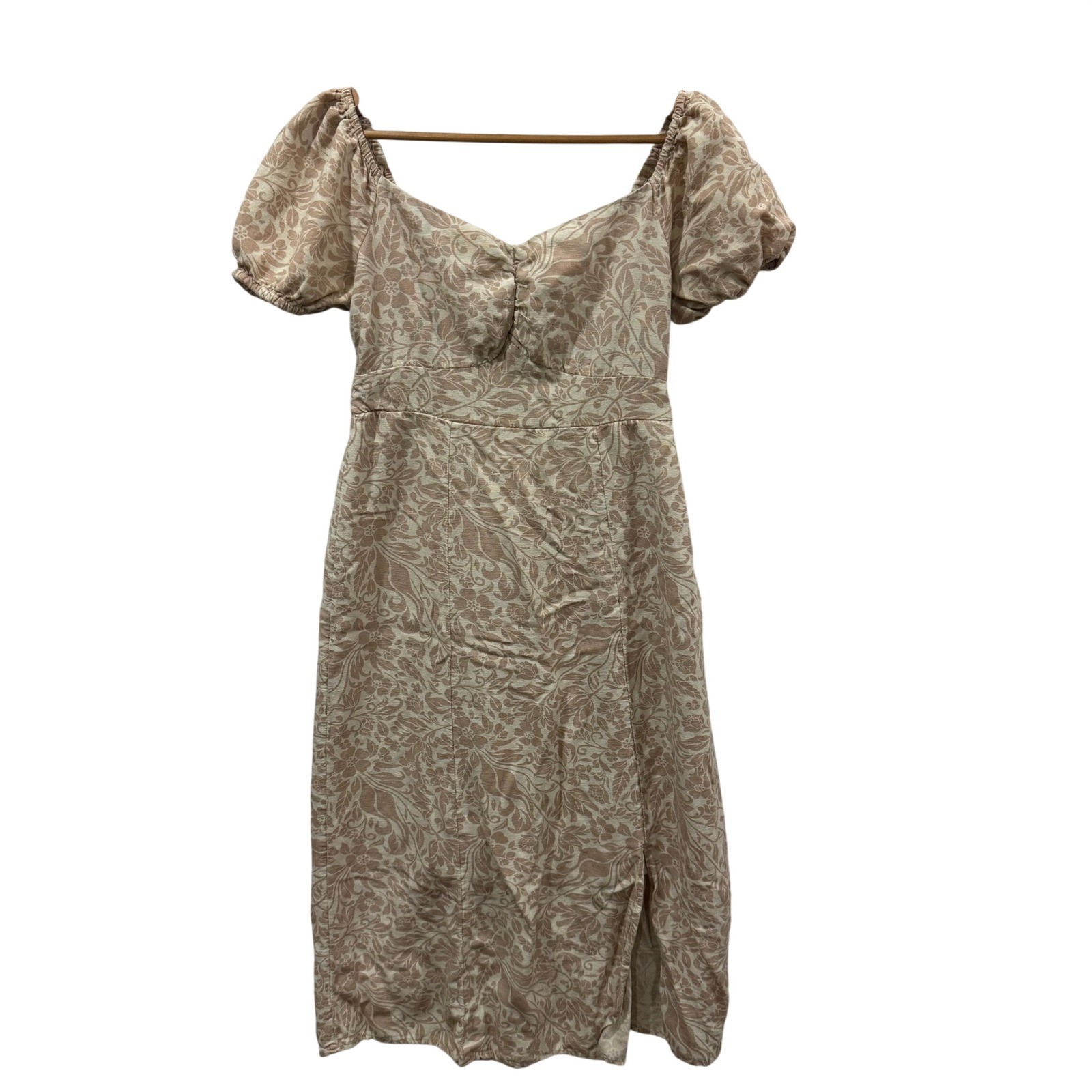 Jessica Simpson Tan Floral Damask Puff Sleeve Midi Dress Smocked Back Small
