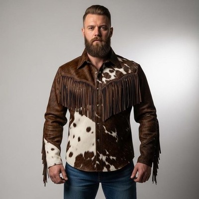 Men's Western Jacket Cowhide with Real Hair-on Pony Skin And Cow Print Jacket 63