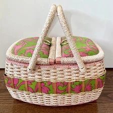 VTG Sewing Basket 1970s Groovy Print w/Double Handles EXCELLENT COND!! 13x12x10”