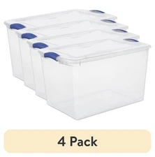 (4 pack) Sterilite Large Storage Bin, 66 Quart Clear Plastic Storage Container 
