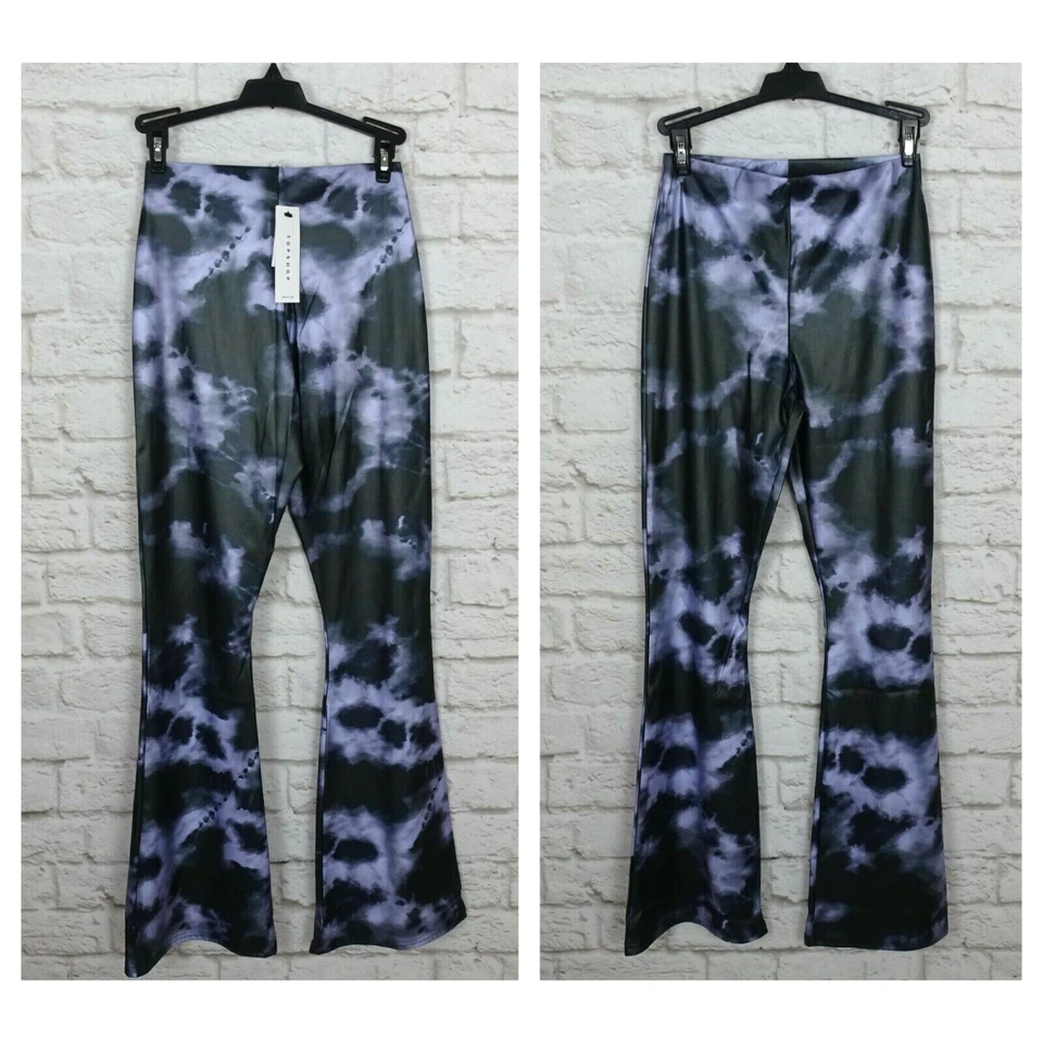 全新带标签 TOPSHOP 紧身裤 扎染 喇叭 复古 90 年代 Groovy 缎面裤子 小号 6P  — 第 2/4 张图片
