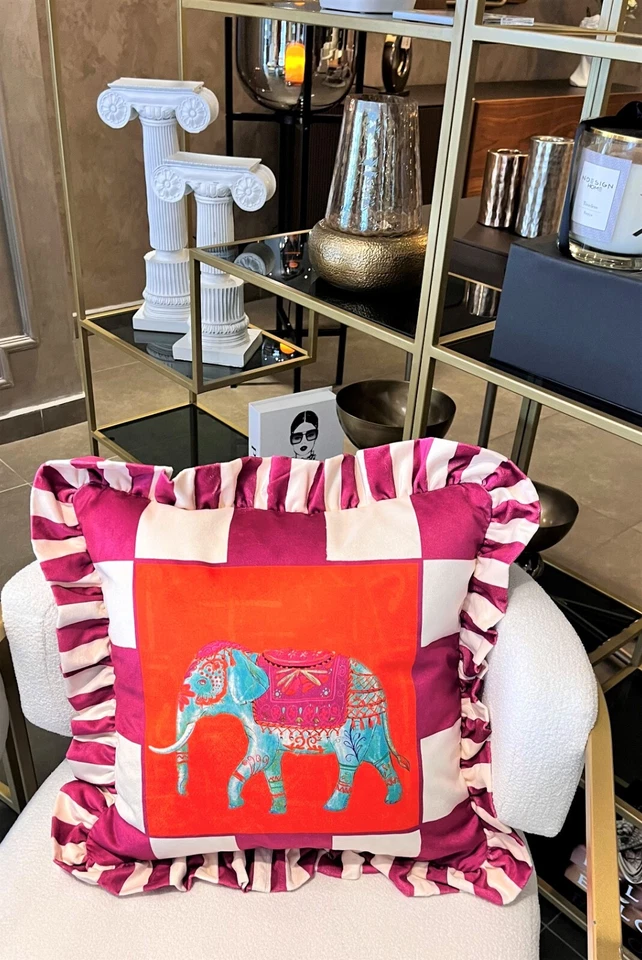 Elephant Pattern Throw Pillow For Couch - Purple Velvet Ruffled Cushion Cover - Image 4 of 4