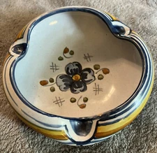 Retro Spanish Pottery Ashtray Art Signed Talavera Blue Flower Dish VTG
