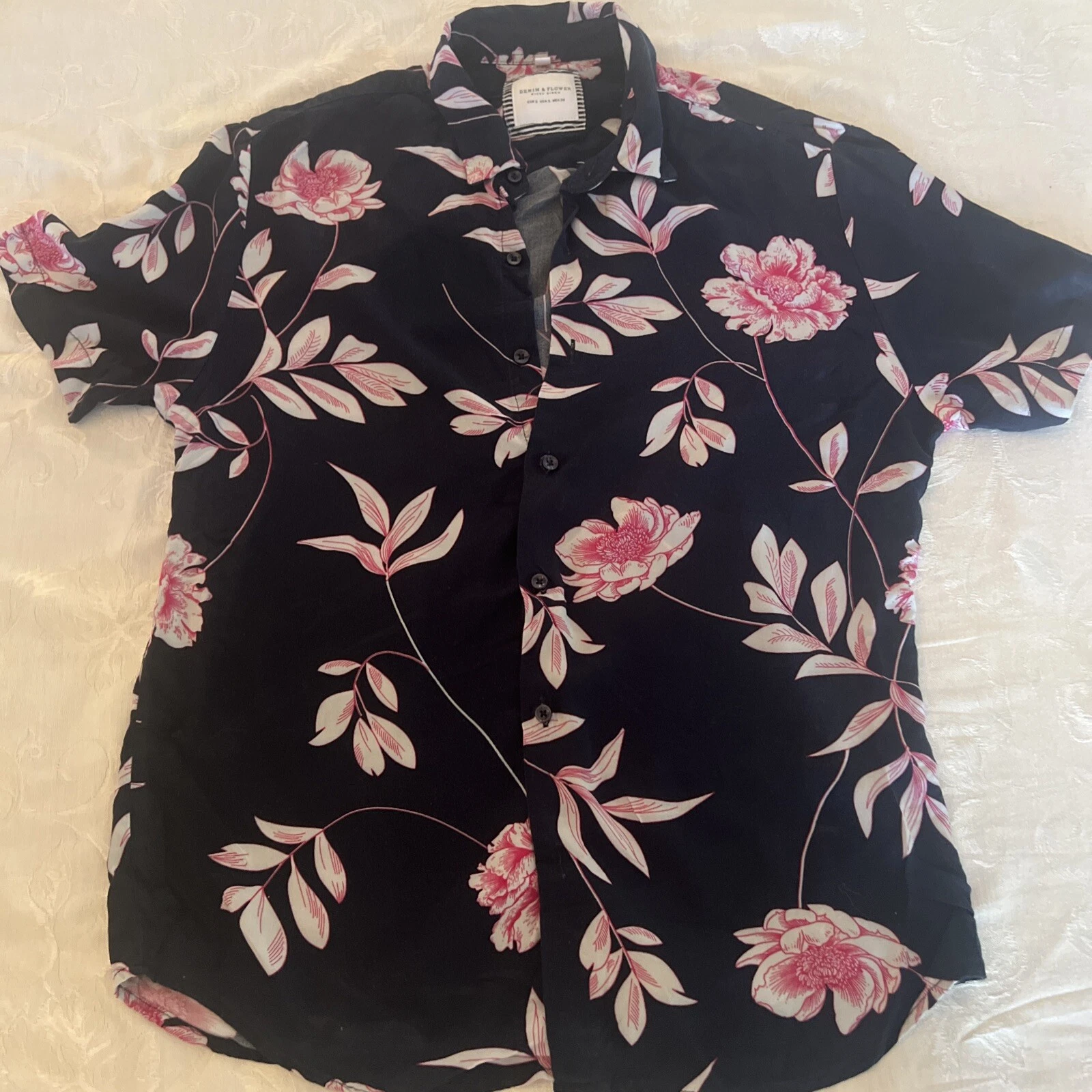 Men’s Denim & Flowers Short Sleeve Floral Hawaiian Navy Blue Shirt Sz S