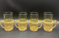 VTG Boho Ratan Wicker Holders W/ Green Drinking Glasses- Set Of 4 MCM