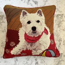 Pillow Dog Needle Point with Bandana 13 x 13 Handmade Red Velvet Zipper Back