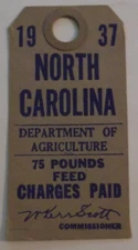 United States Stamp State Revenue North Carolina Feed Tag 75 LBS 1937 Used