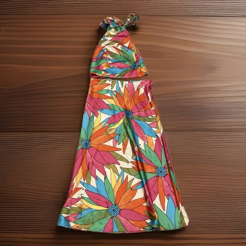 Maison d'Amélie Paris 2pc Satiny Floral Halter Tie Top & Skirt Set S