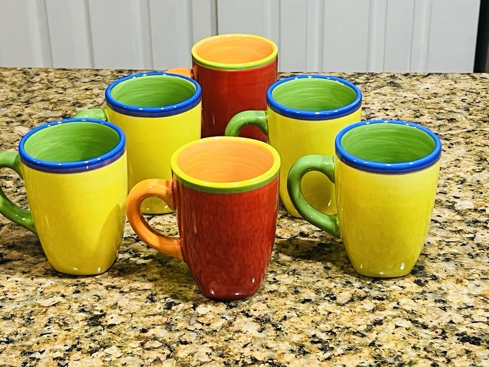 Dansk Handpainted Stoneware Mugs Set of 6 Colorful Mix 4.75” Bright Glossy - Image 2 of 4