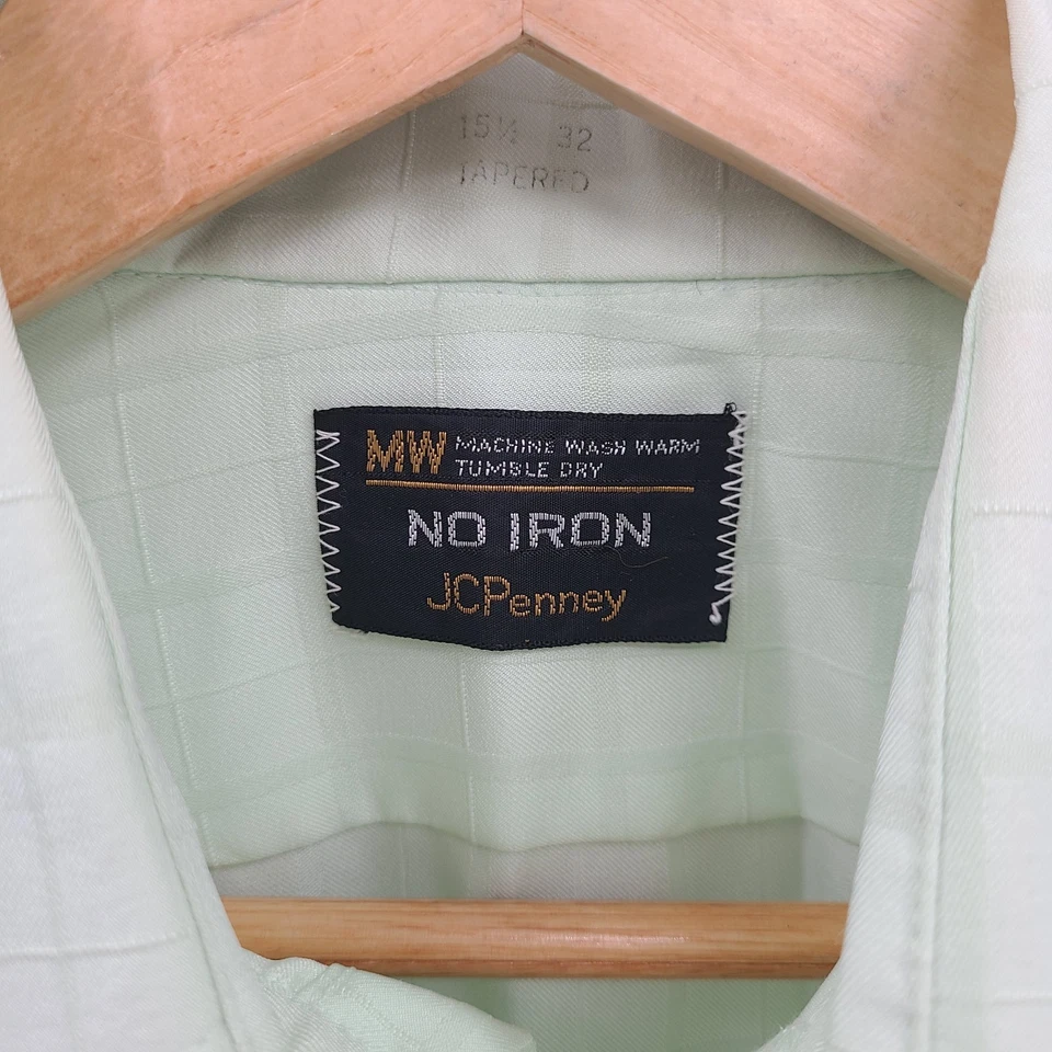 Vintage JC Penny Shirt Mens 15.5 Green Window Pane 70s Button Up Long Sleeve - Image 2 of 4