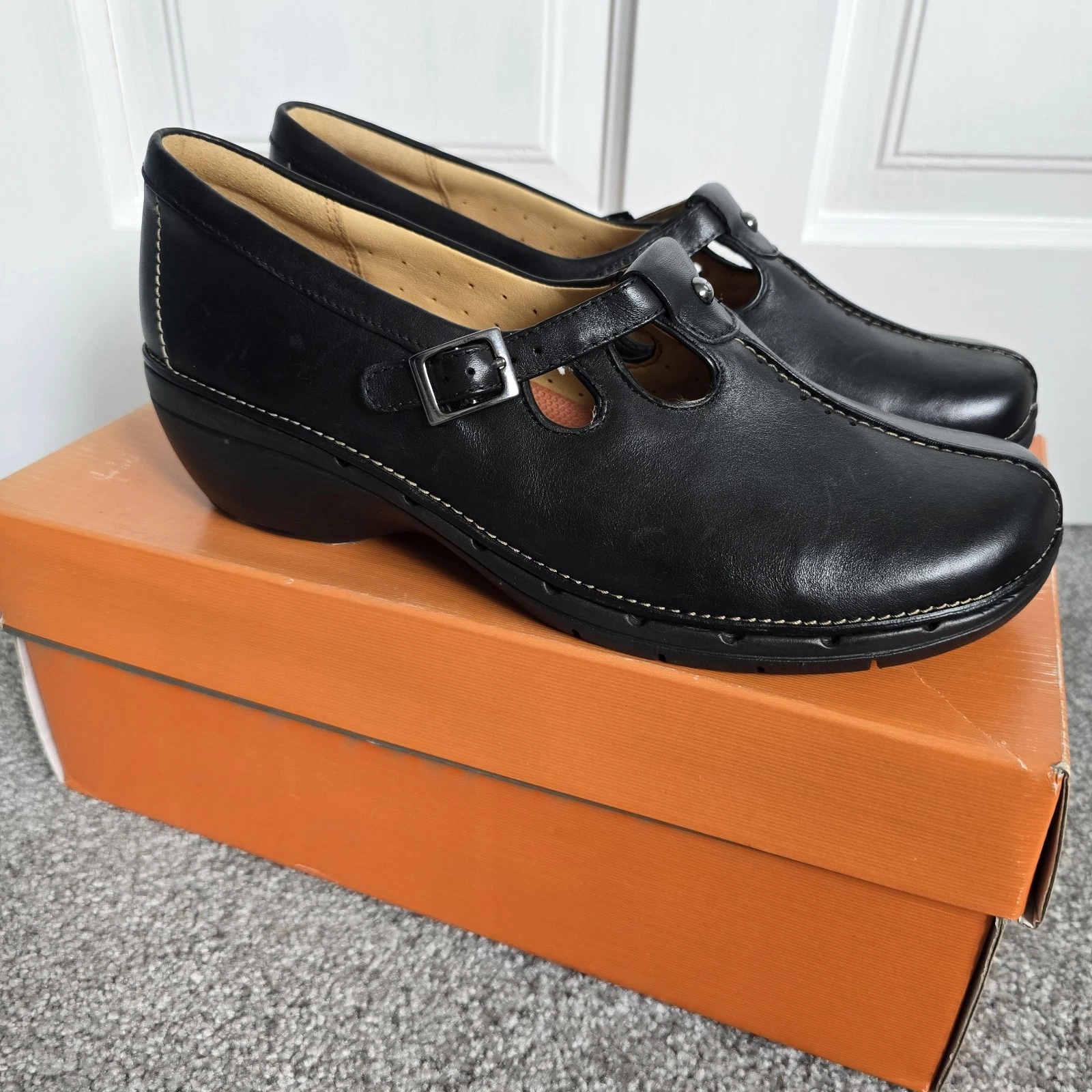 Scarpe Clarks Un Angel destrutturate pelle nera UK 7 D nuove con scatola infermiera passeggio