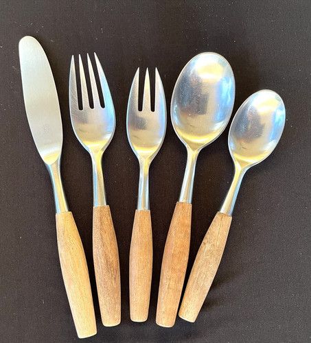 30 Pcs DANSK MCM Fjord Wood Handle Stainless 4 Ducks Logo Germany Flatware Lot - Picture 9 of 13