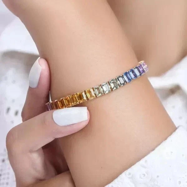 22Ct Emerald Lab Created Rainbow Sapphire Tennis Bracelet 14K Yellow Gold Plated - Image 3 of 4