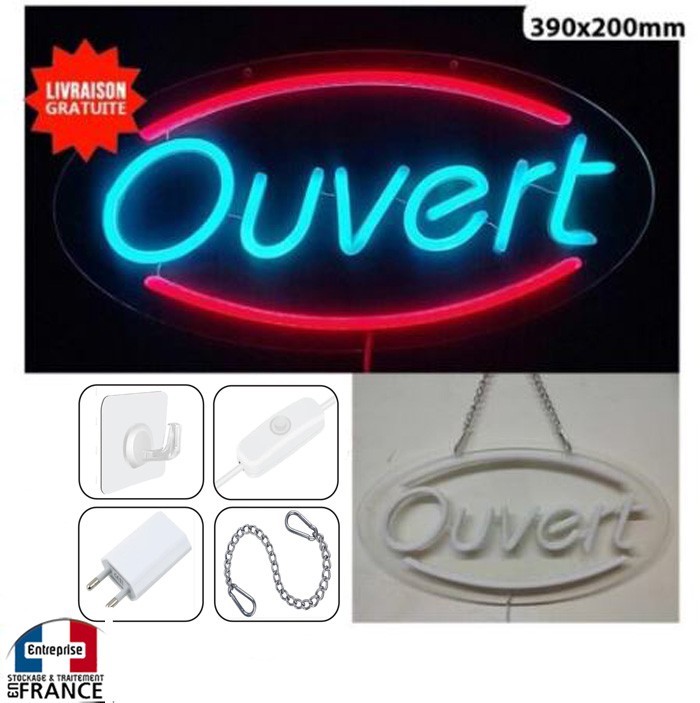 Néon LED Ouvert pour vitrine de magasin à suspendre le soir pour accueillir vos clients