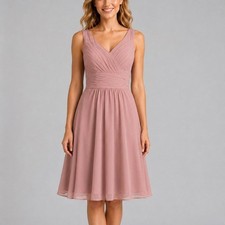 Azazie Grace Bridesmaid Dusty Rose Chiffon Pleated V-Neck Dress A10