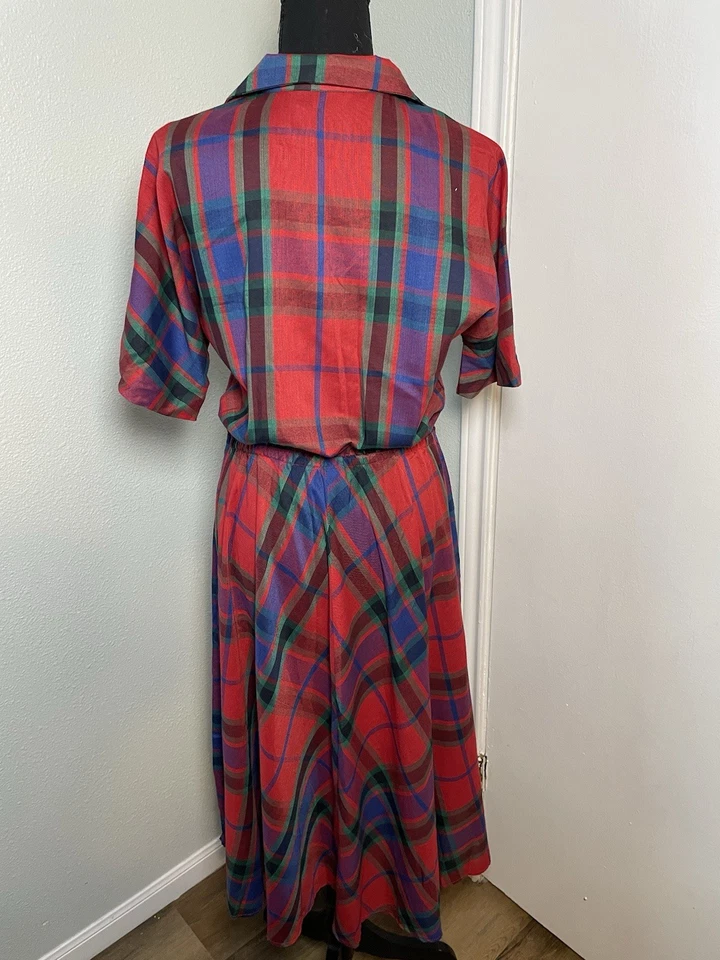 复古 50 年代 60 年代蓝色红色格子女式家居连衣裙迷笛纽扣 — 第 4/4 张图片