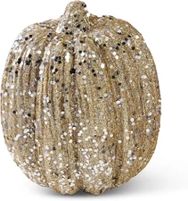 K & K Interiors - 6 Inch Champagne Glitter & Sequin Pumpkin - 40610B