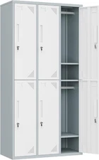Metal Locker with 6 Doors, Steel Storage Cabinet with Hooks, 71" Grey White