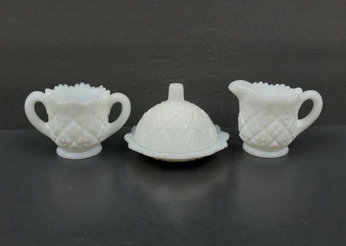 Vintage Westmoreland Miniature Children's Milk Glass Creamer Sugar Butter Set