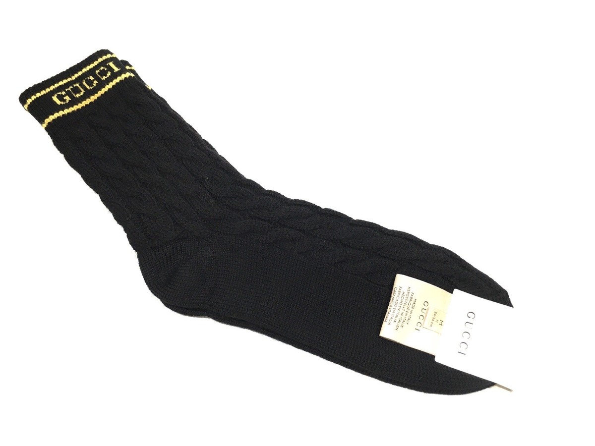 GUCCI 靴下 Authentic Gucci Cable Knit 100% Wool Socks -Black -Size M