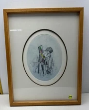TWO Framed Vintage Virginia Curtin Signed Artwork with Cherry Wood Frames
