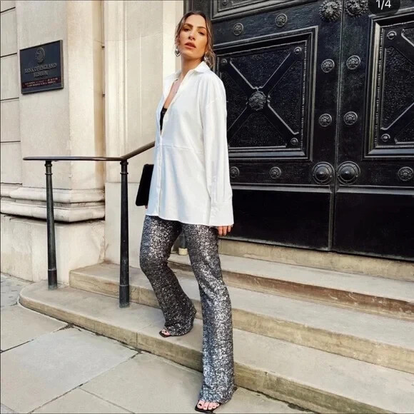 ZARA WOMAN DARK SILVER HI-RISE SEQUINNED FLARED LEGGINGS PANTS SIZE M UK 10 image 10
