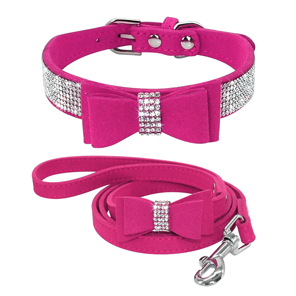 Hot Pink Bling Diamond Rhinestone Pet Puppy Cat Dog Bowtie Collar Necklace  &Lead