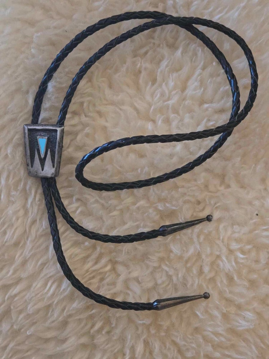 Vintage Sterling Silver Bolo Tie Turquoise Inlay Bennett Pat Pend