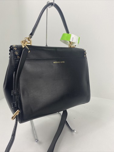 Michael Ava Kors Bag Top Handle Grommet Black Leather Scalloped Flap Medium B3M - Picture 5 of 12