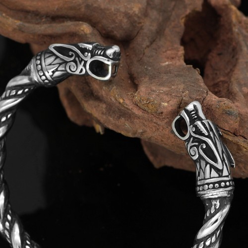 Men Nordic Viking Dragon Silver Stainless Steel Open Cuff Bangle Bracelet - Picture 5 of 6