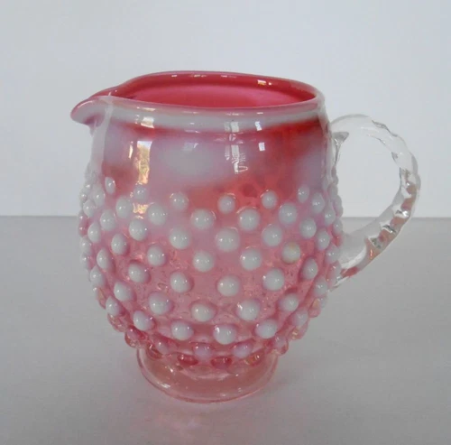 Vintage Fenton Art Glass Cranberry Opalescent Hobnail Squat Milk Pitcher Jug