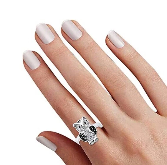 Anillo Búho 1/4ct Corte Redondo Blanco y Negro Diamante Real Plata de Ley 925 Foto 4 de 4