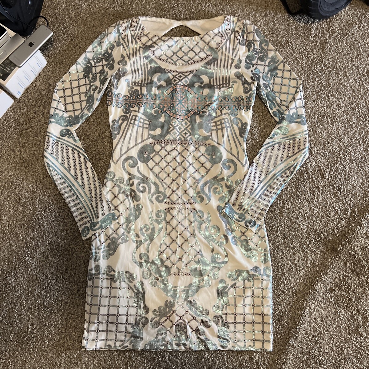 Arden B Mini Dress M Metallic Bodycon Open Back Long Sleeve Ivory Blue Pink  | eBay