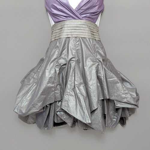 Vestido de fiesta Miso gris metálico púrpura dobladillo burbuja abullonada cuello halter espalda abierta 6 - Imagen 6 de 16