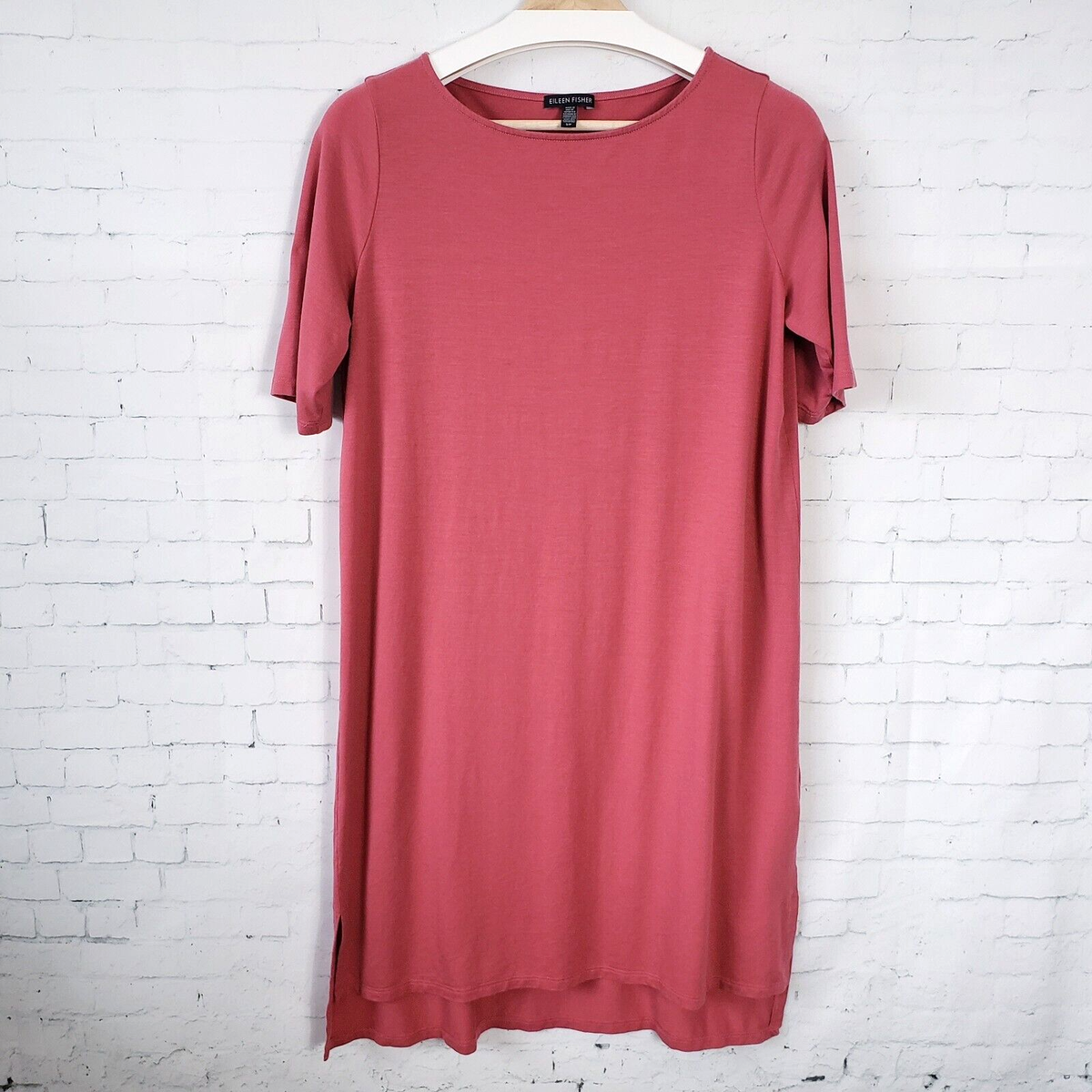 Eileen Fisher Dress Size S Pink Stretch Shift Short Sleeve Casual Lagen Look
