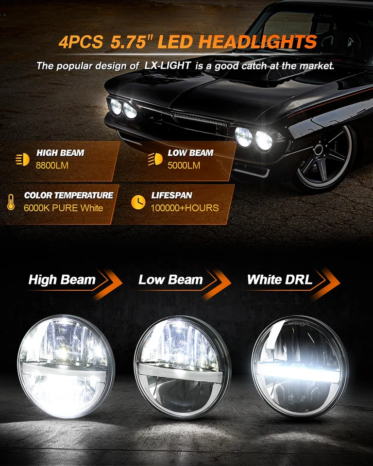 Faros LED redondos altos/bajos 4 piezas Halo DRL 5-3/4 5,75" más nuevos para 442 98 Delta 88 Foto 2 de 4