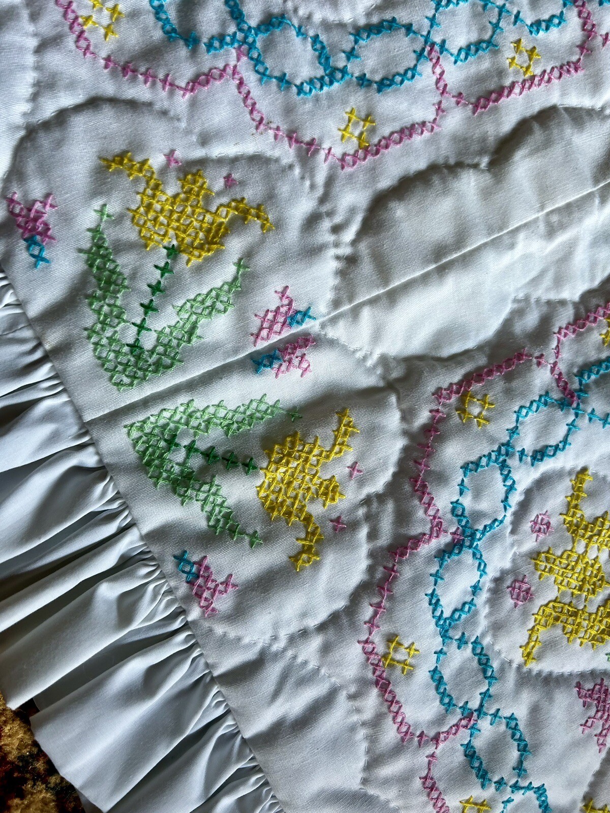 Vintage Hand Embroidered King Pillow Sham White w/ Pastel Colored