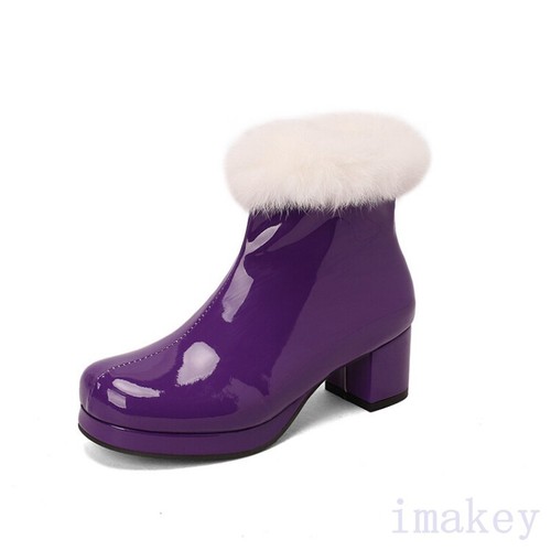 Plus Size Furry Boots Womens Chunky Heel Round Toe Patent Leather Ankle Boots OL - Bild 24 von 28